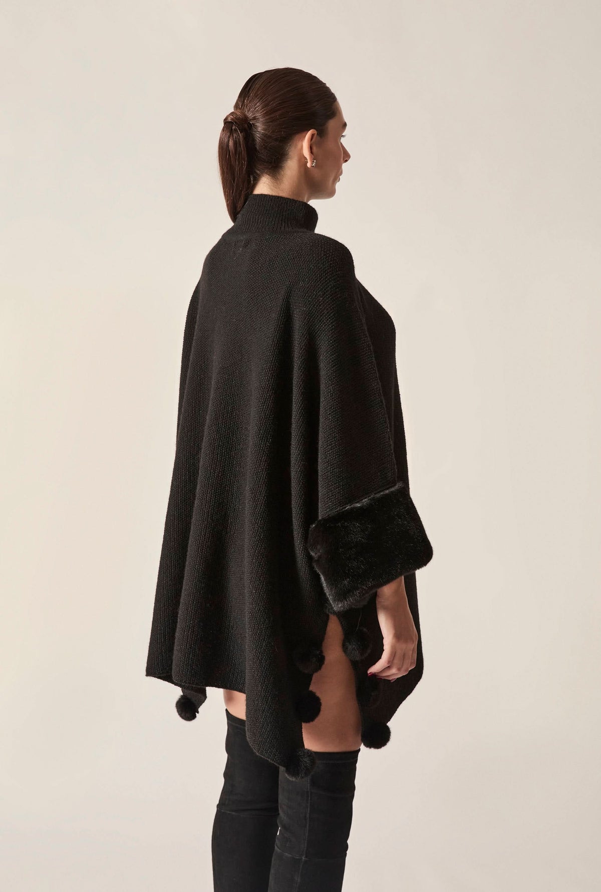 Black Pom Pom Faux Fur Knit Poncho