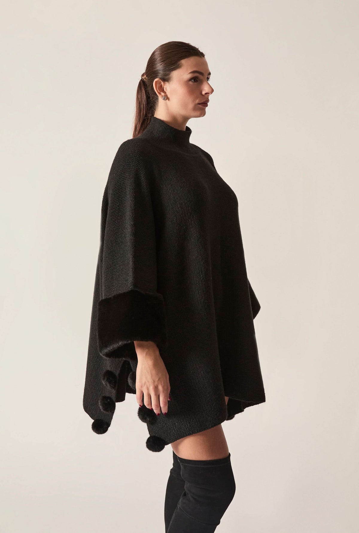 Black Pom Pom Faux Fur Knit Poncho