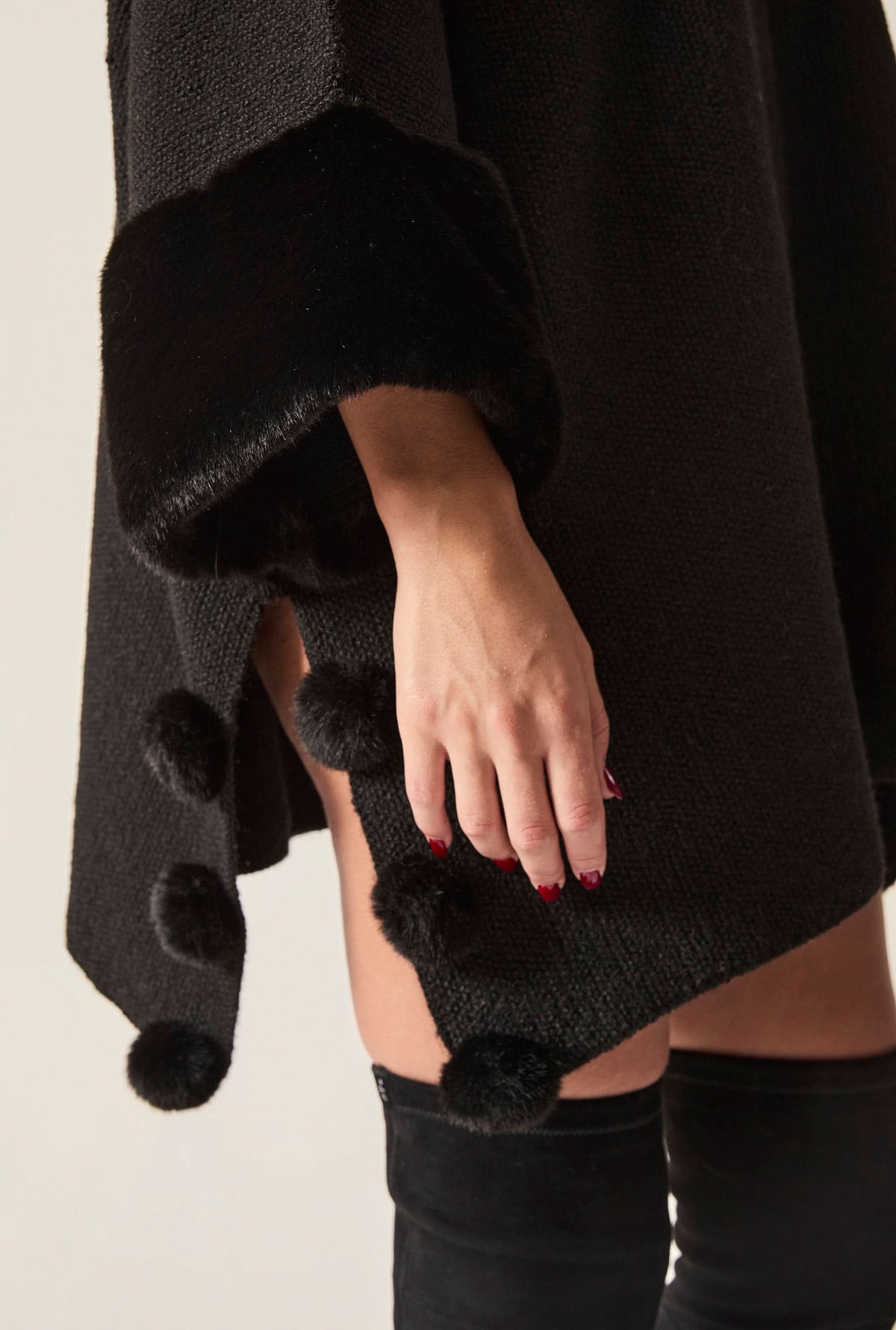 Black Pom Pom Faux Fur Knit Poncho