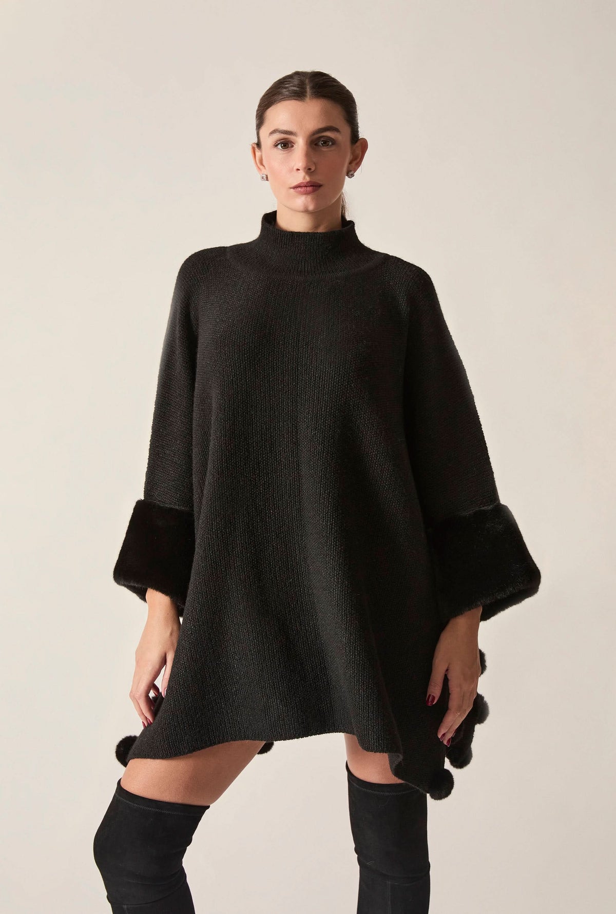 Black Pom Pom Faux Fur Knit Poncho