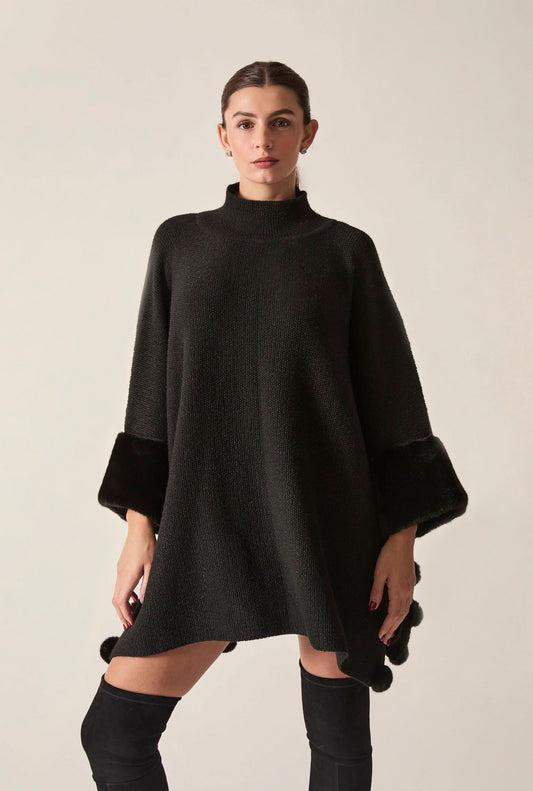 Black Pom Pom Faux Fur Knit Poncho