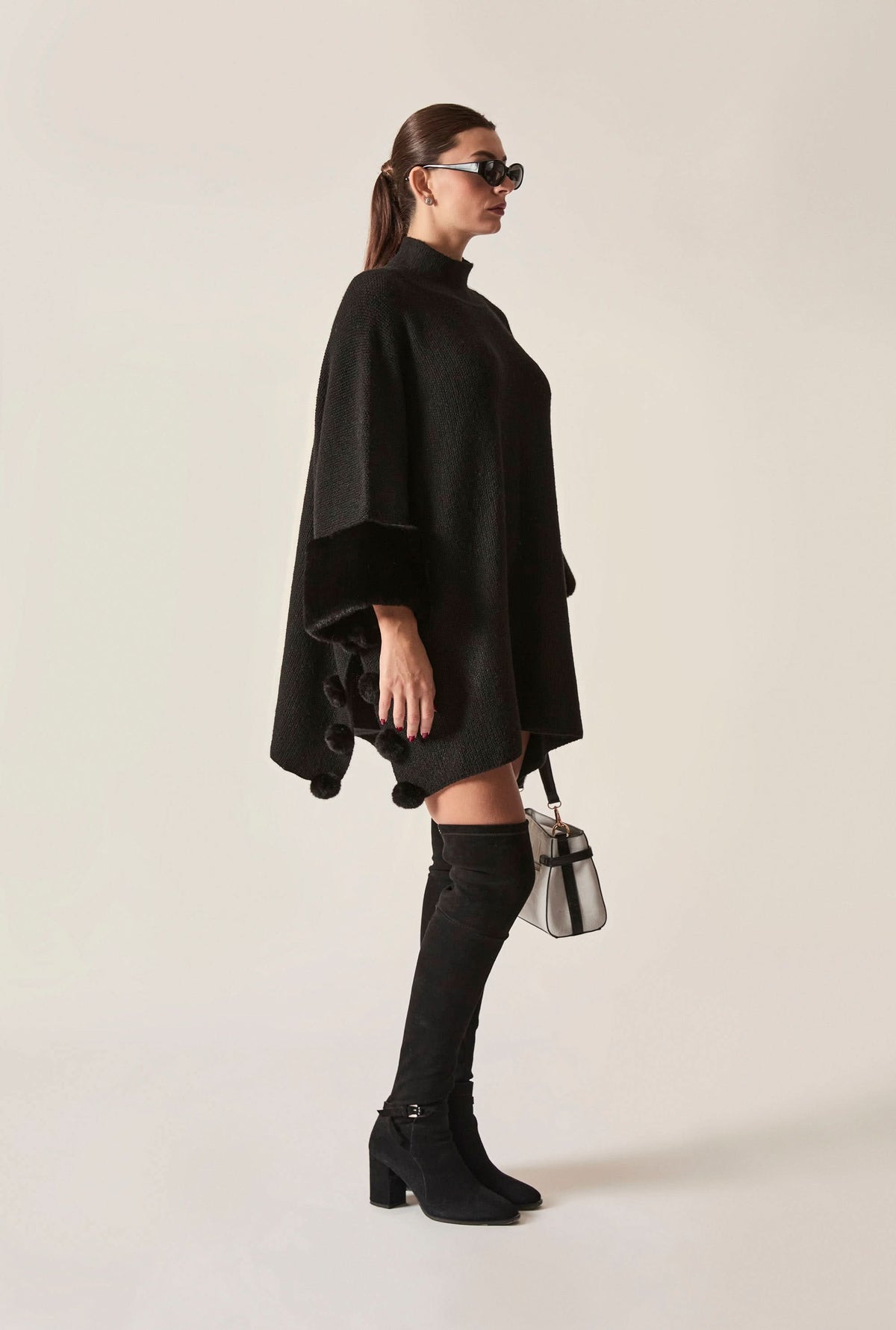 Black Pom Pom Faux Fur Knit Poncho