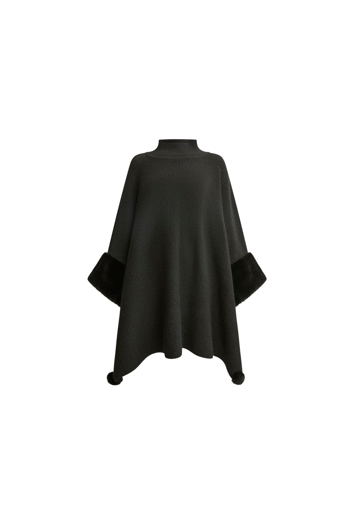Black Pom Pom Faux Fur Knit Poncho
