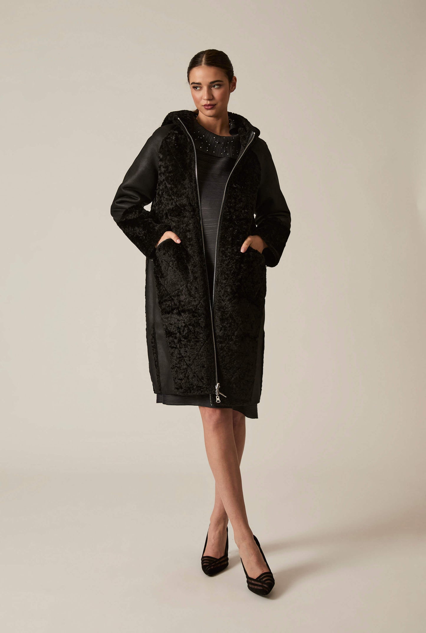 Black Reversible Faux Fur Hooded Coat