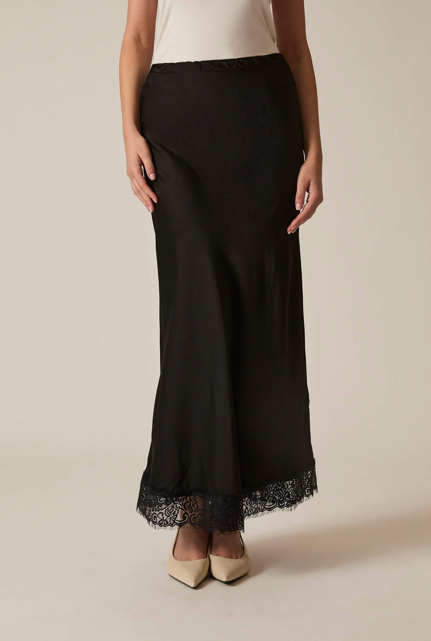 Black Satin Lace Maxi Skirt