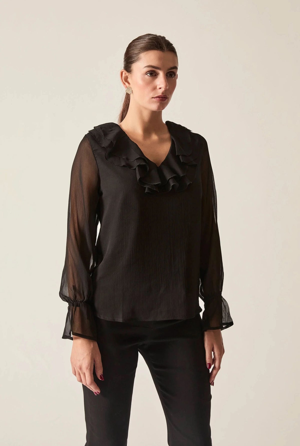 Black Sheer-Sleeve Ruffle Blouse