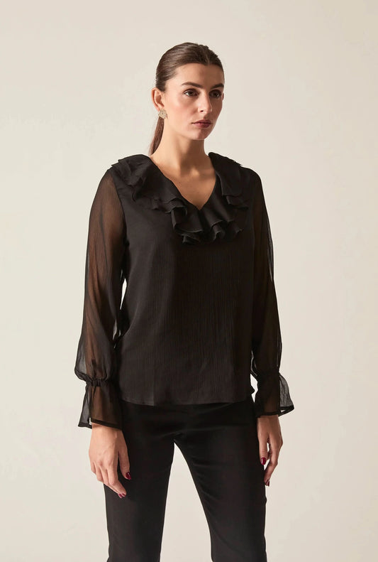 Black Sheer-Sleeve Ruffle Blouse