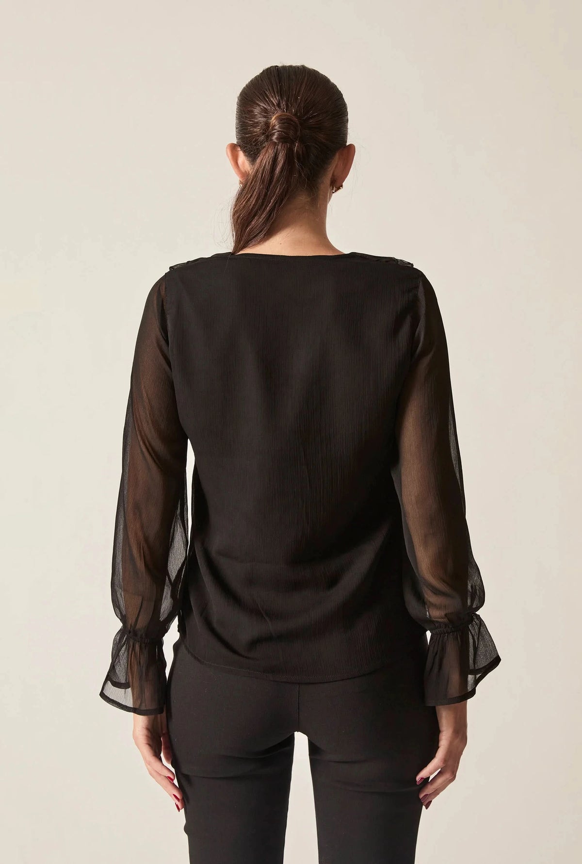 Black Sheer-Sleeve Ruffle Blouse