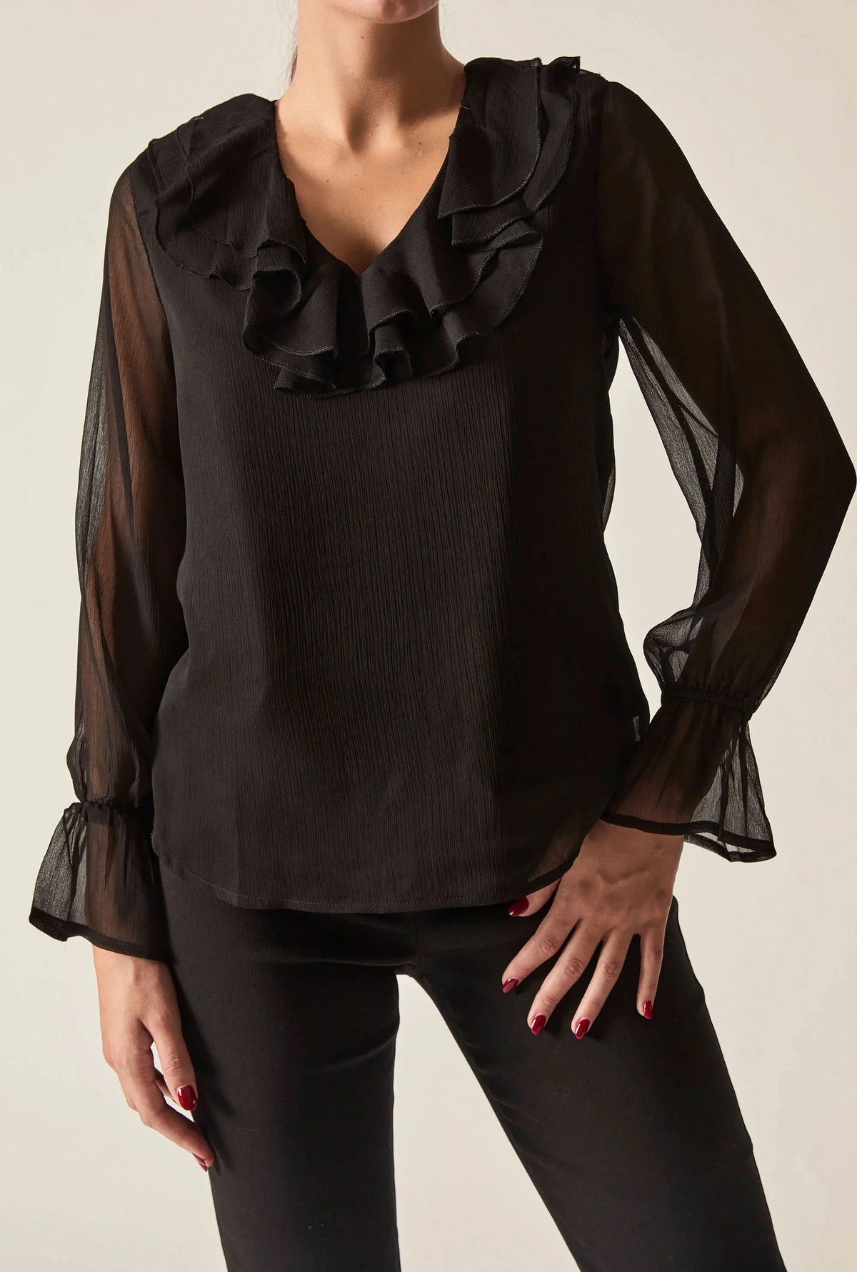 Black Sheer-Sleeve Ruffle Blouse