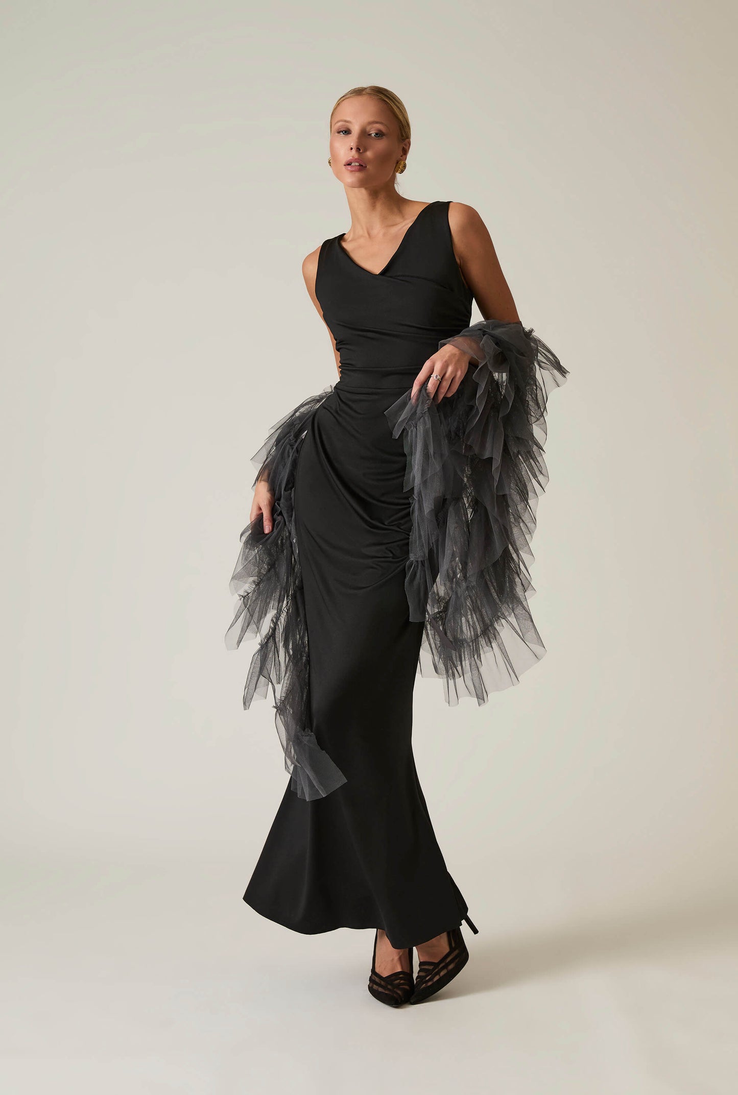 Black Sleeveless Gathered Maxi Dress