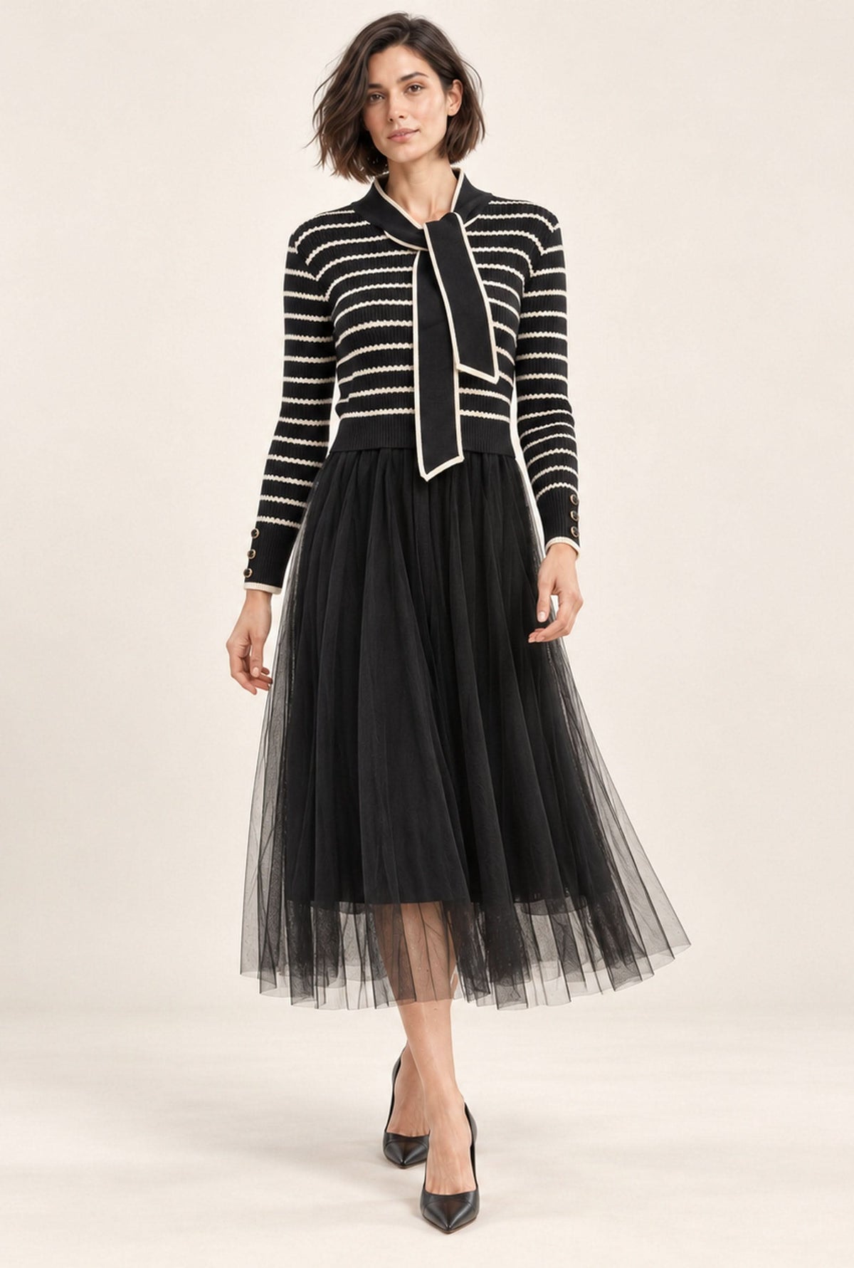 Black Striped Knit & Tulle Midi Dress