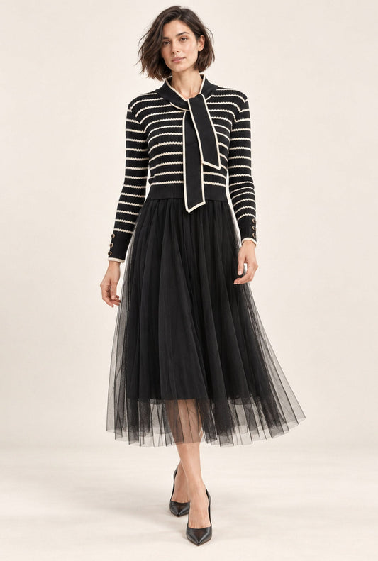Black Striped Knit & Tulle Midi Dress