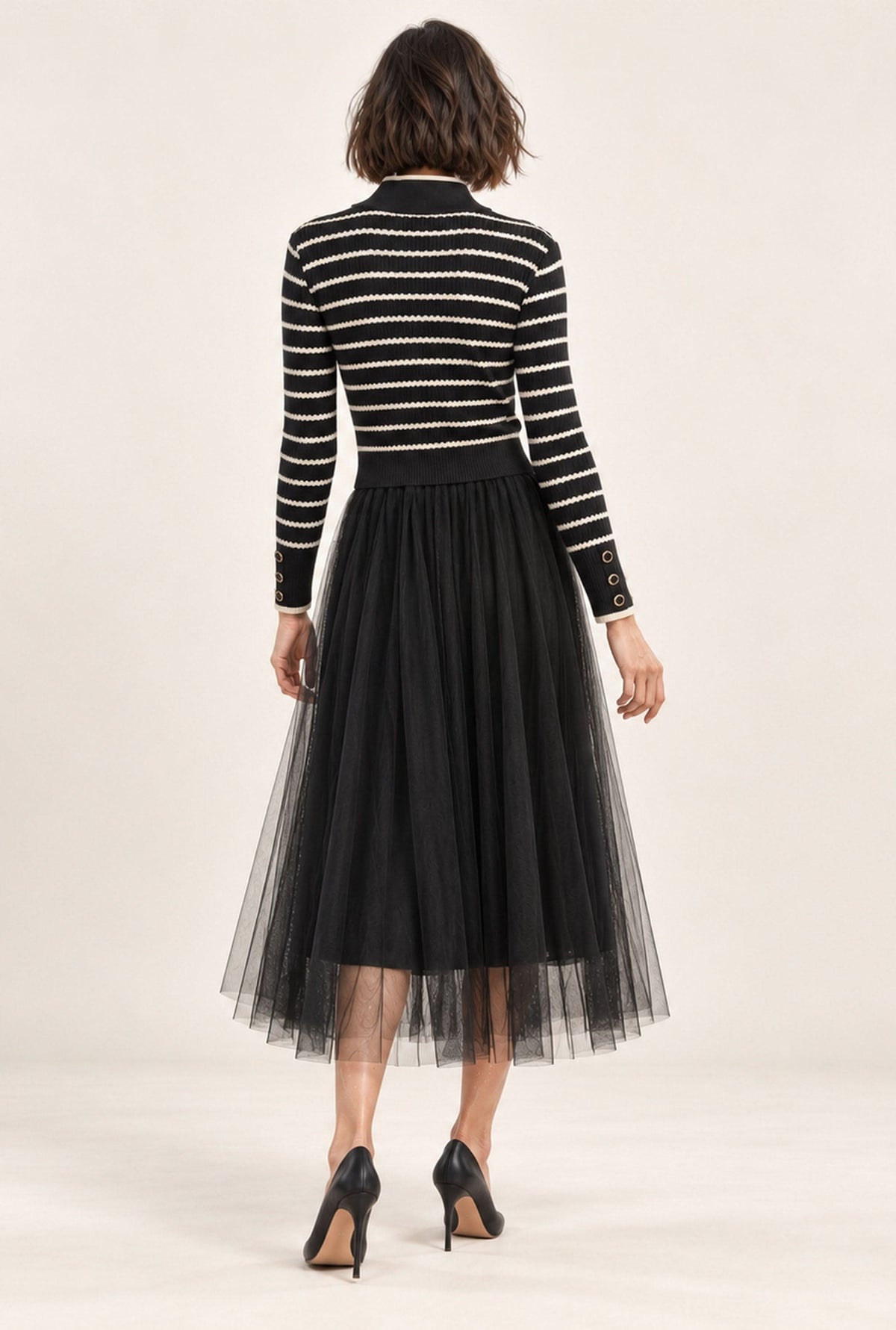 Black Striped Knit & Tulle Midi Dress