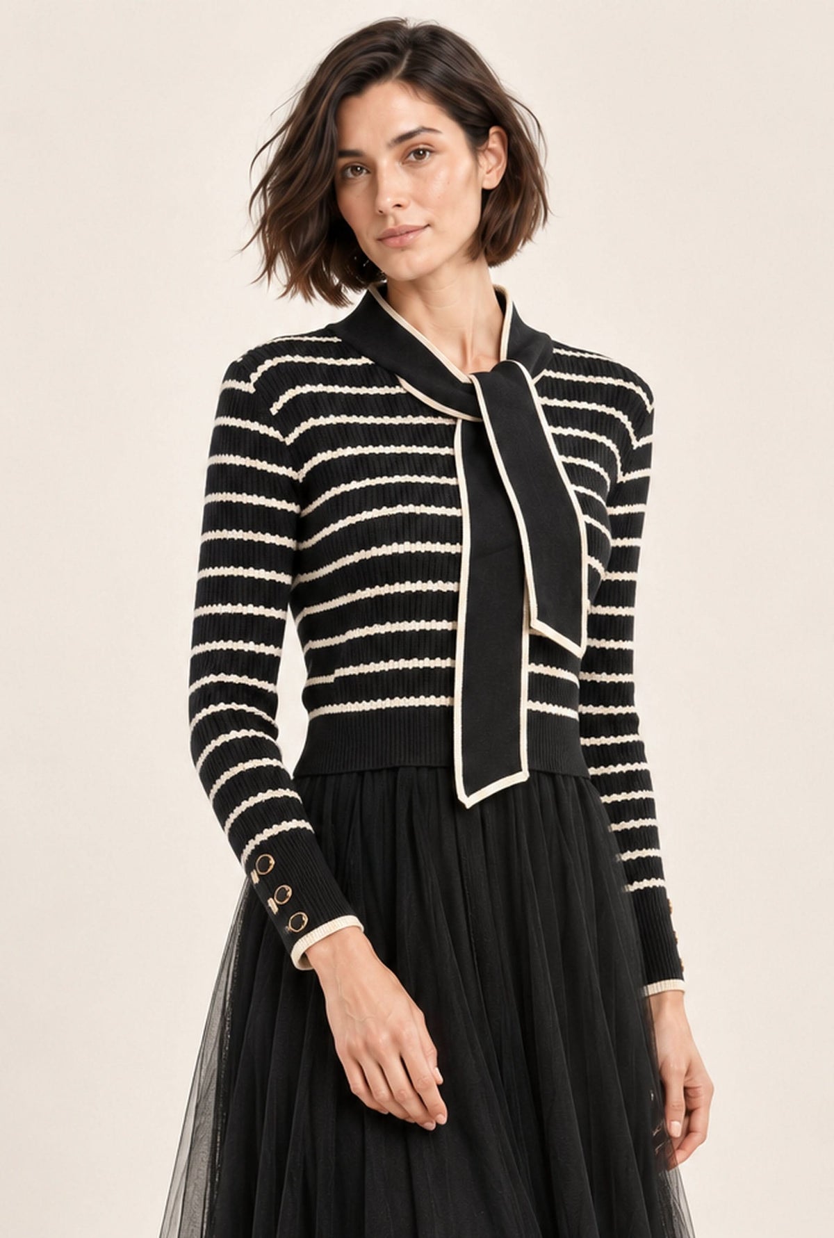 Black Striped Knit & Tulle Midi Dress