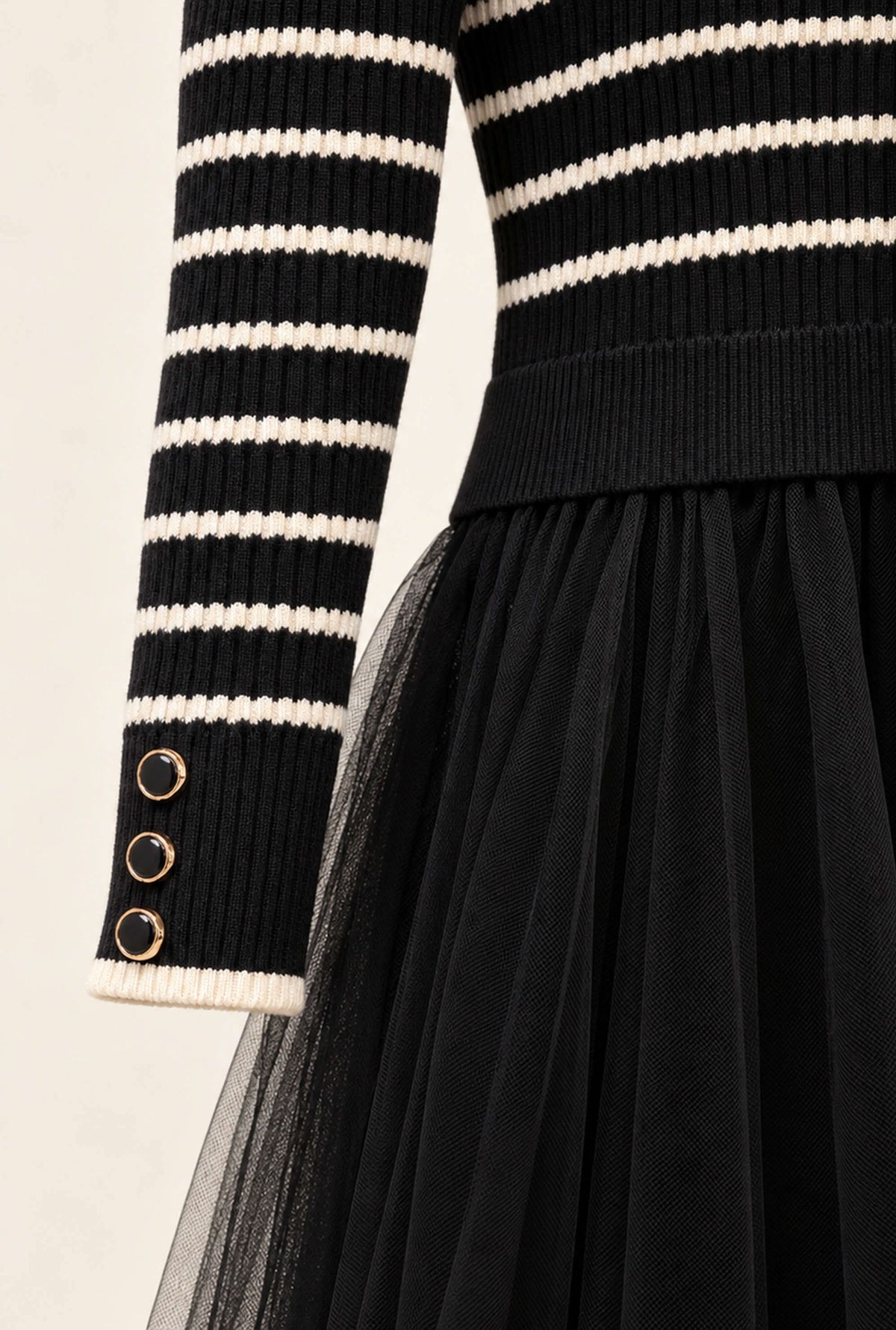 Black Striped Knit & Tulle Midi Dress
