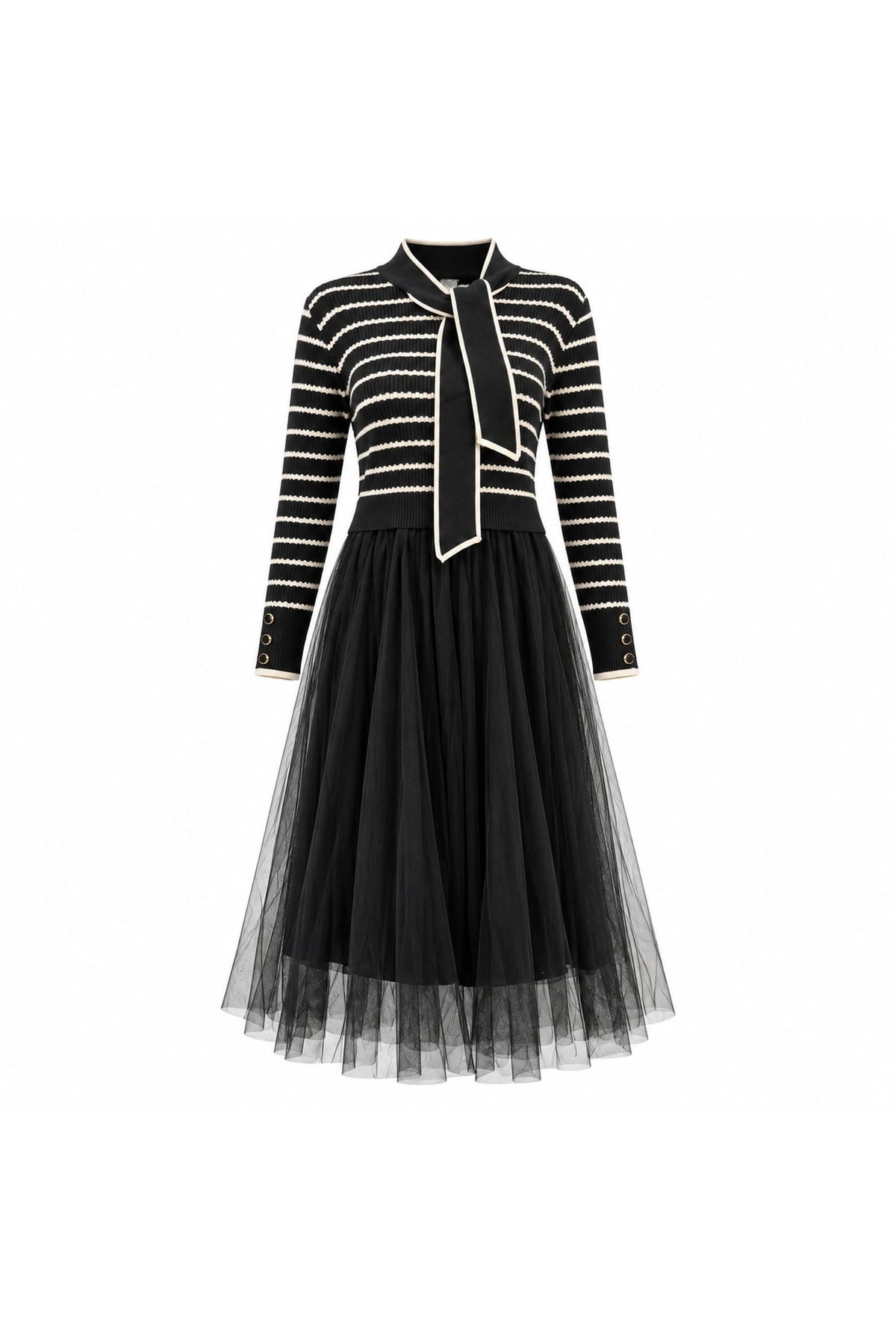 Black Striped Knit & Tulle Midi Dress