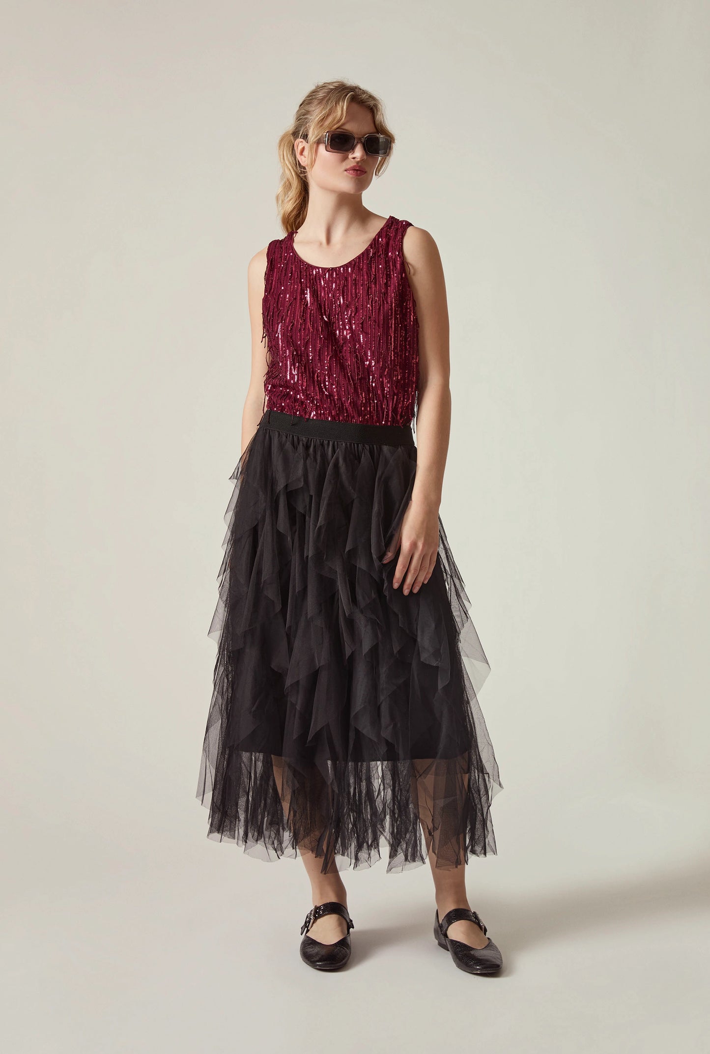 Black Tulle Ruffle Midi Skirt