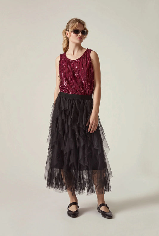 Black Tulle Ruffle Midi Skirt