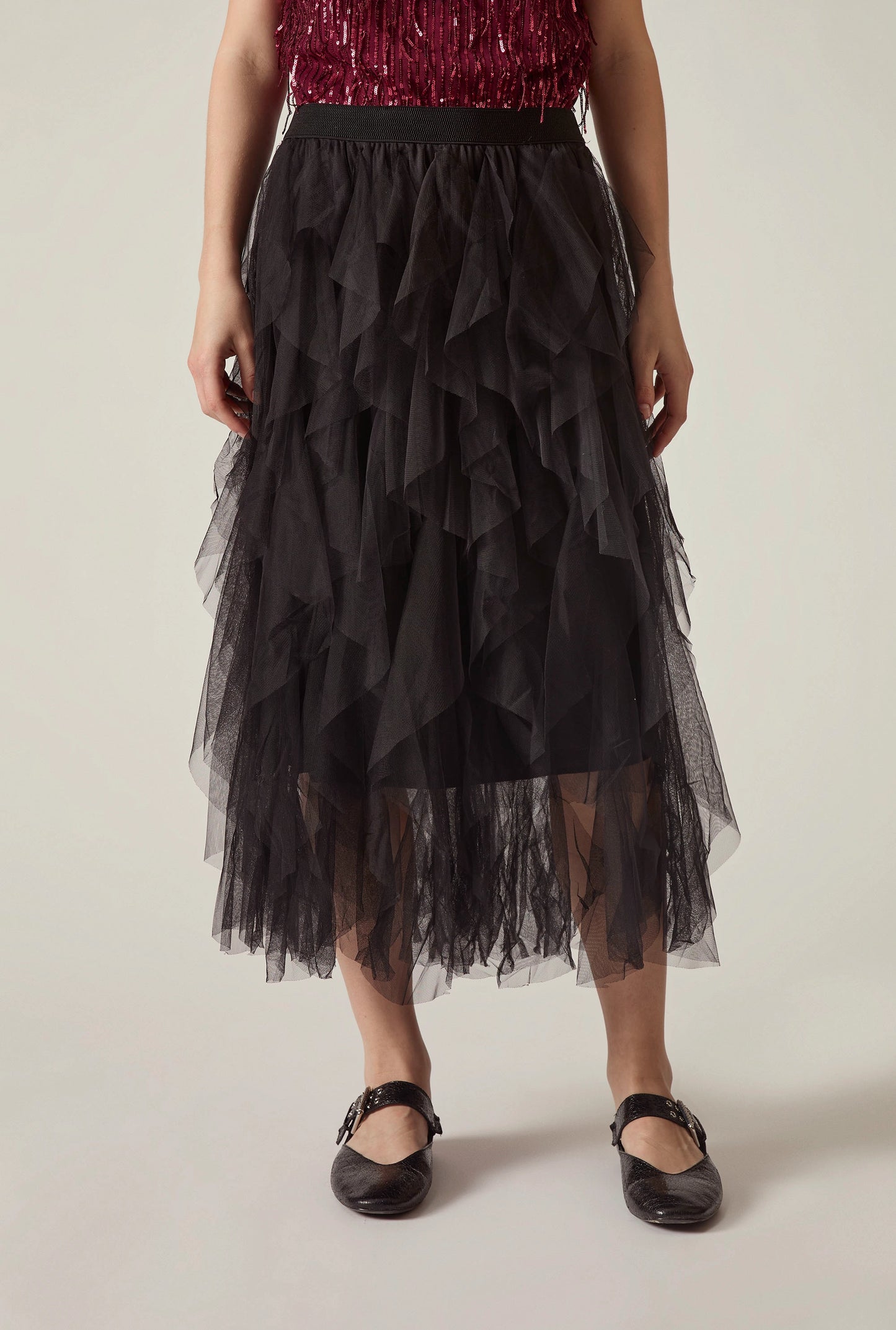 Black Tulle Ruffle Midi Skirt
