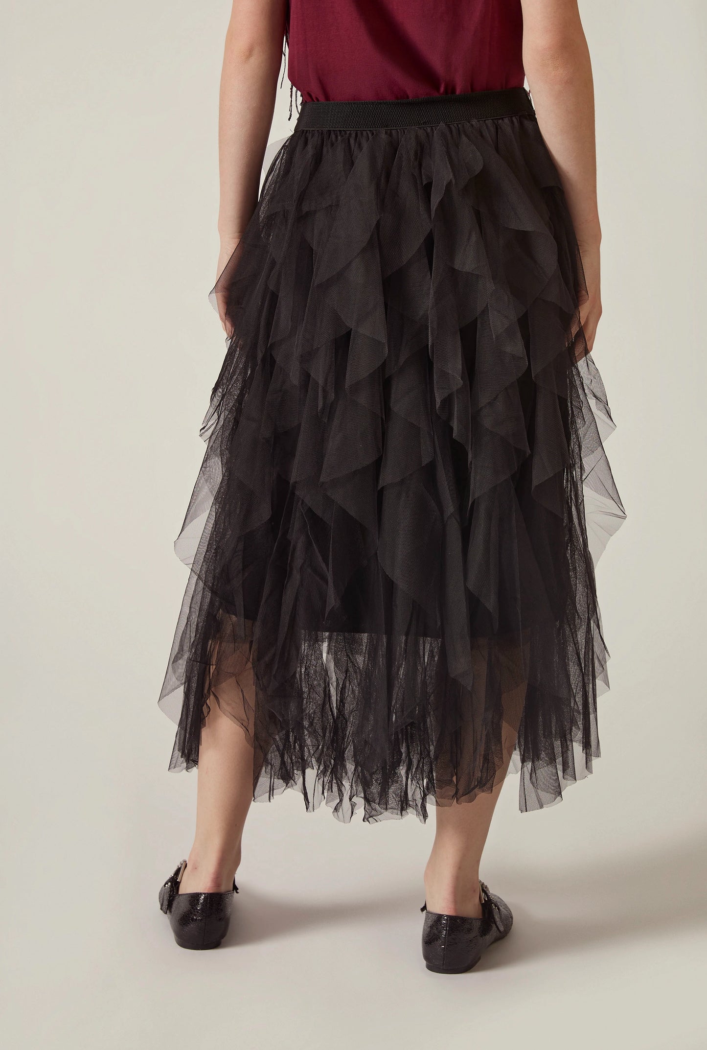 Black Tulle Ruffle Midi Skirt