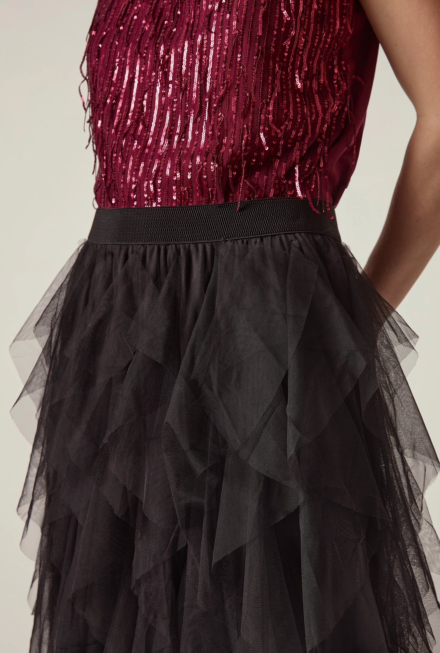 Black Tulle Ruffle Midi Skirt