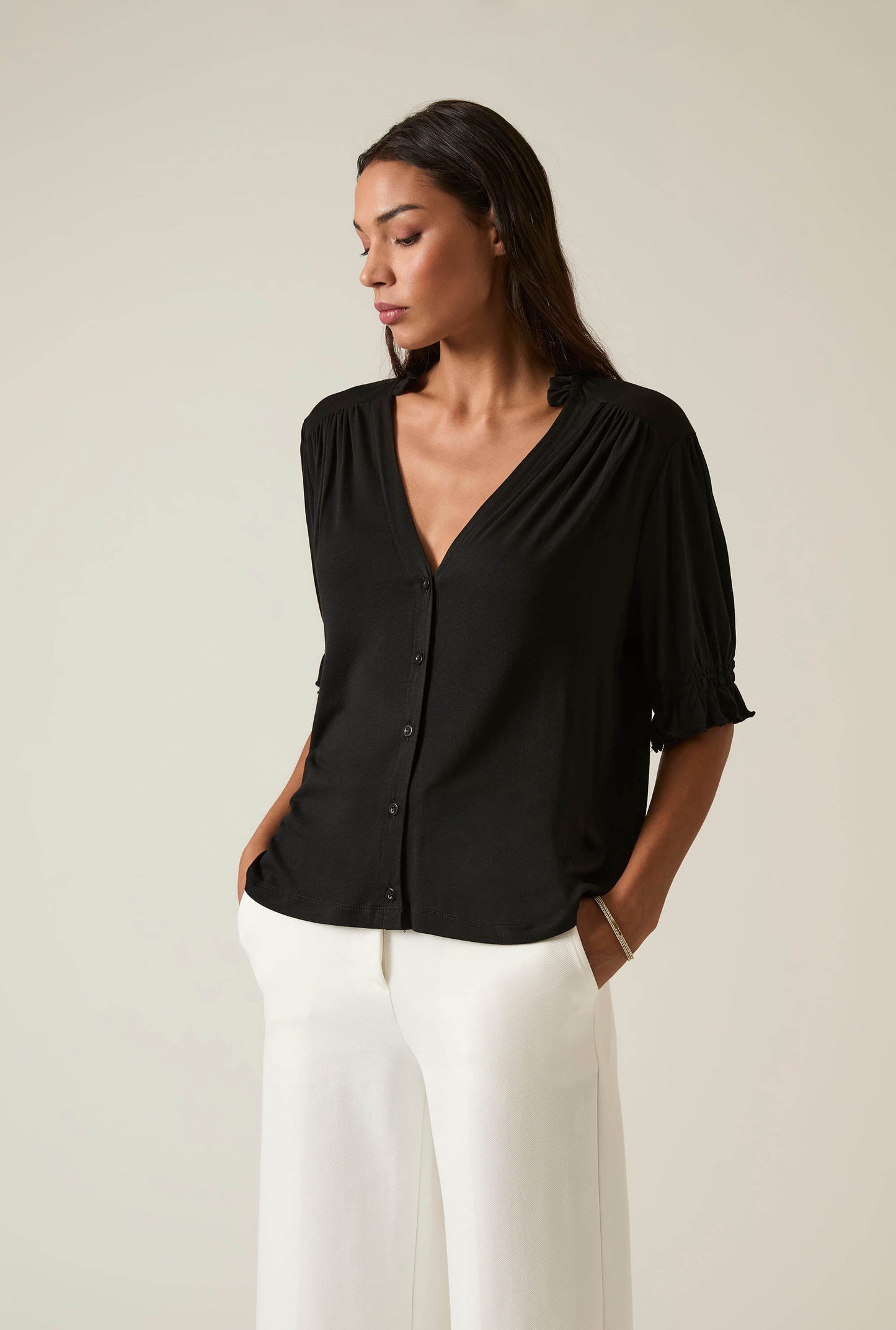 Black V-neck Jersey Blouse