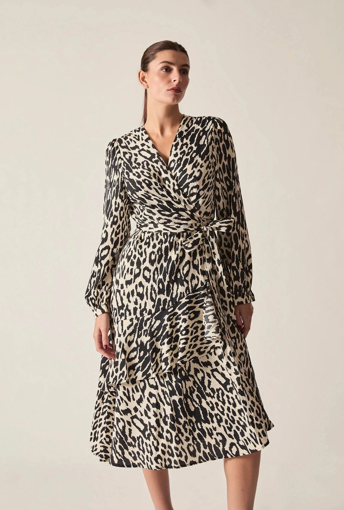 Black and Cream Animal Print Ruffle Wrap Midi Dress