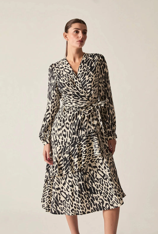 Black and Cream Animal Print Ruffle Wrap Midi Dress