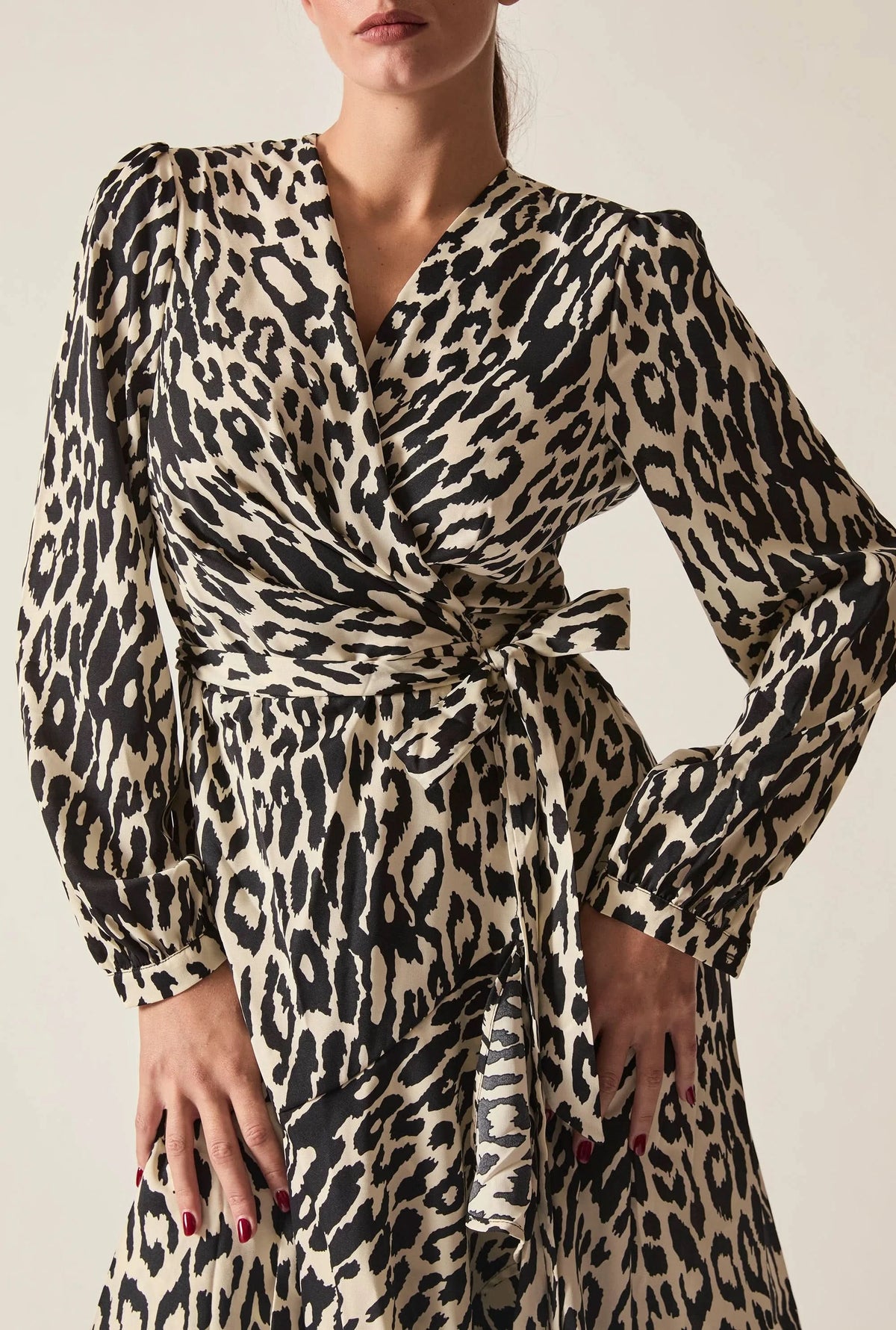 Black and Cream Animal Print Ruffle Wrap Midi Dress