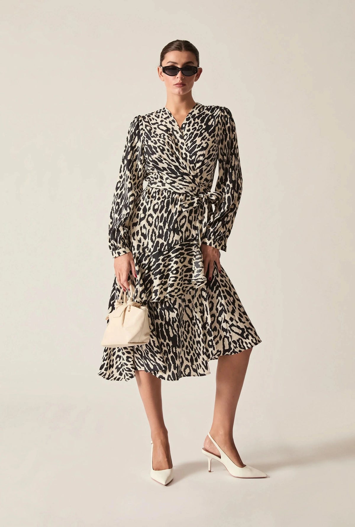 Black and Cream Animal Print Ruffle Wrap Midi Dress