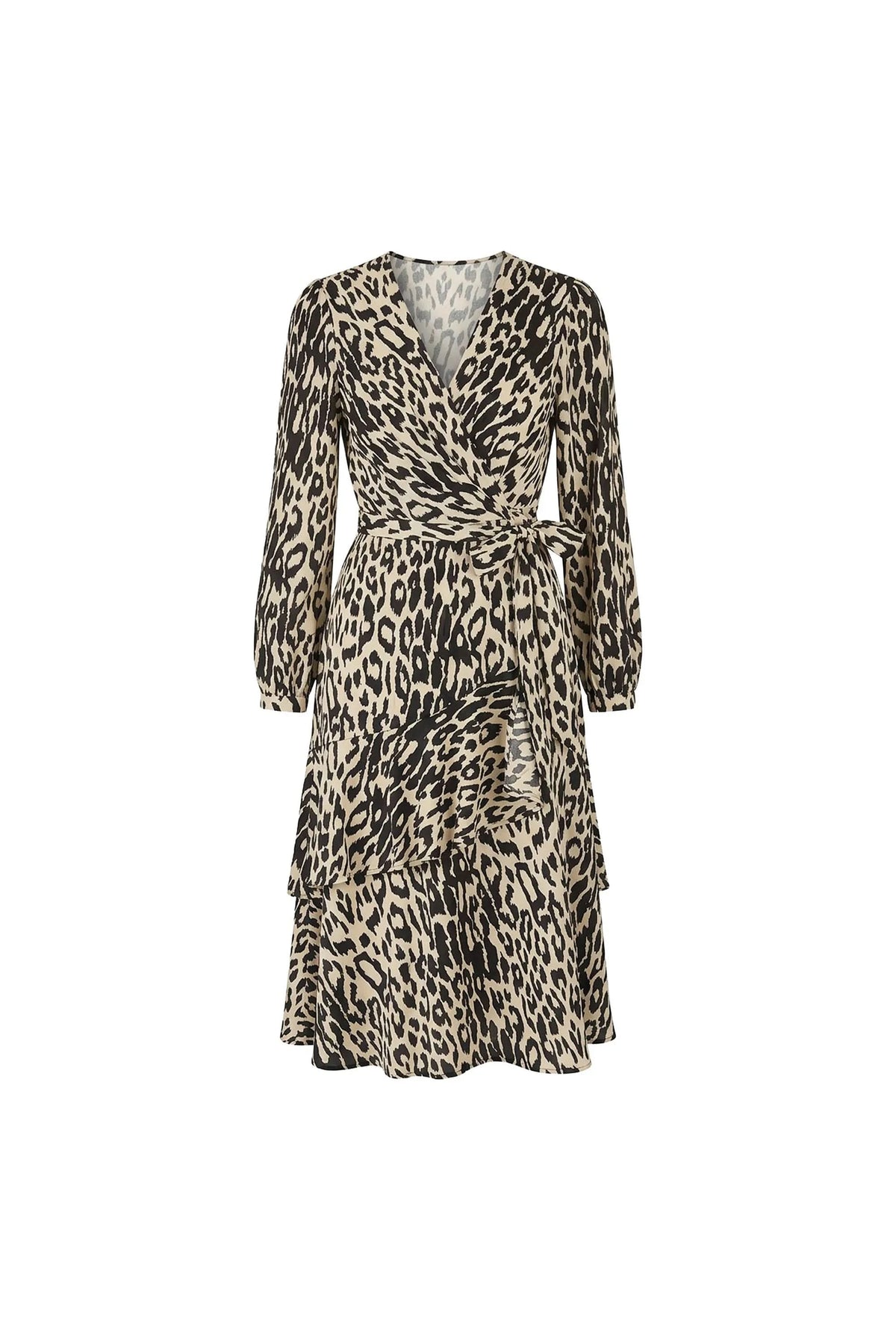 Black and Cream Animal Print Ruffle Wrap Midi Dress