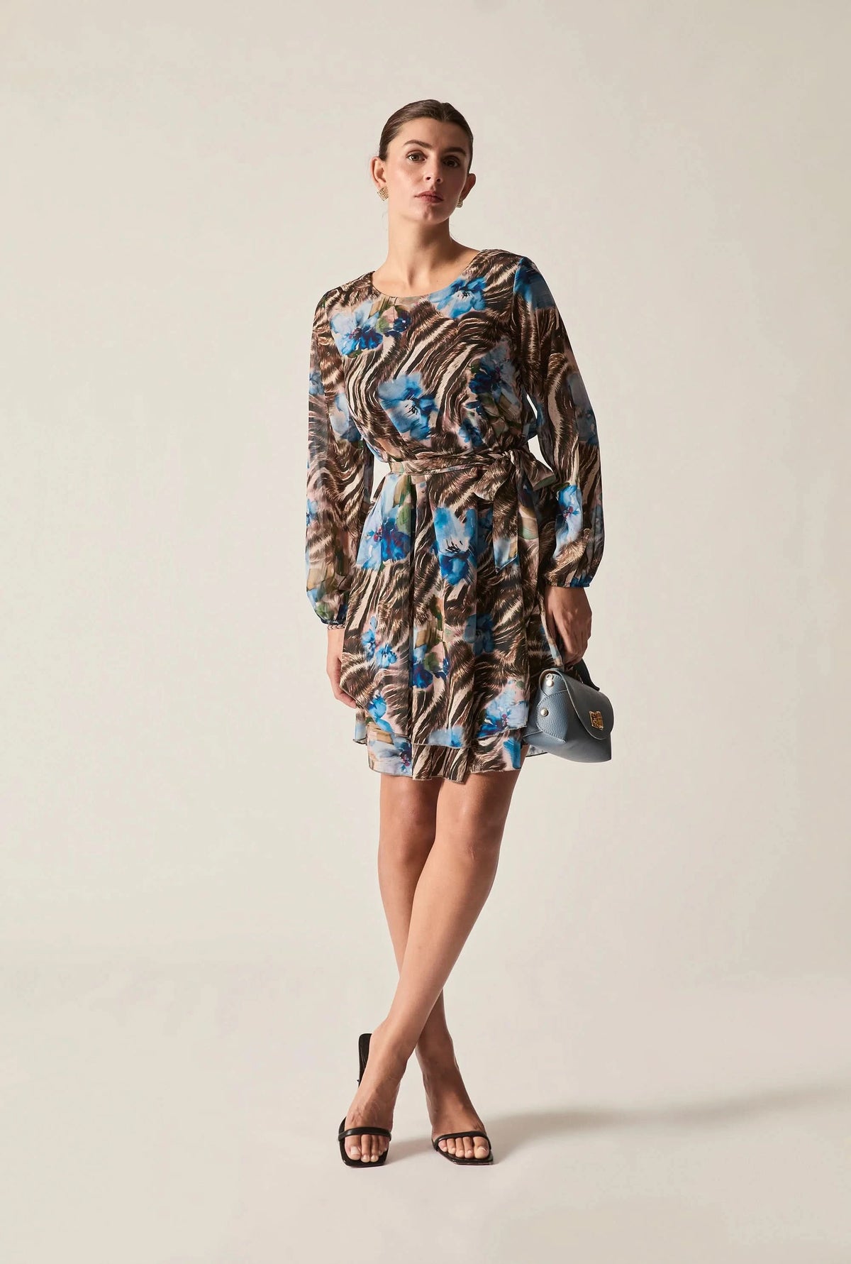 Blue Floral Print Belted Dress