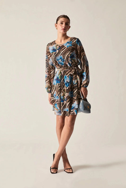 Blue Floral Print Belted Dress