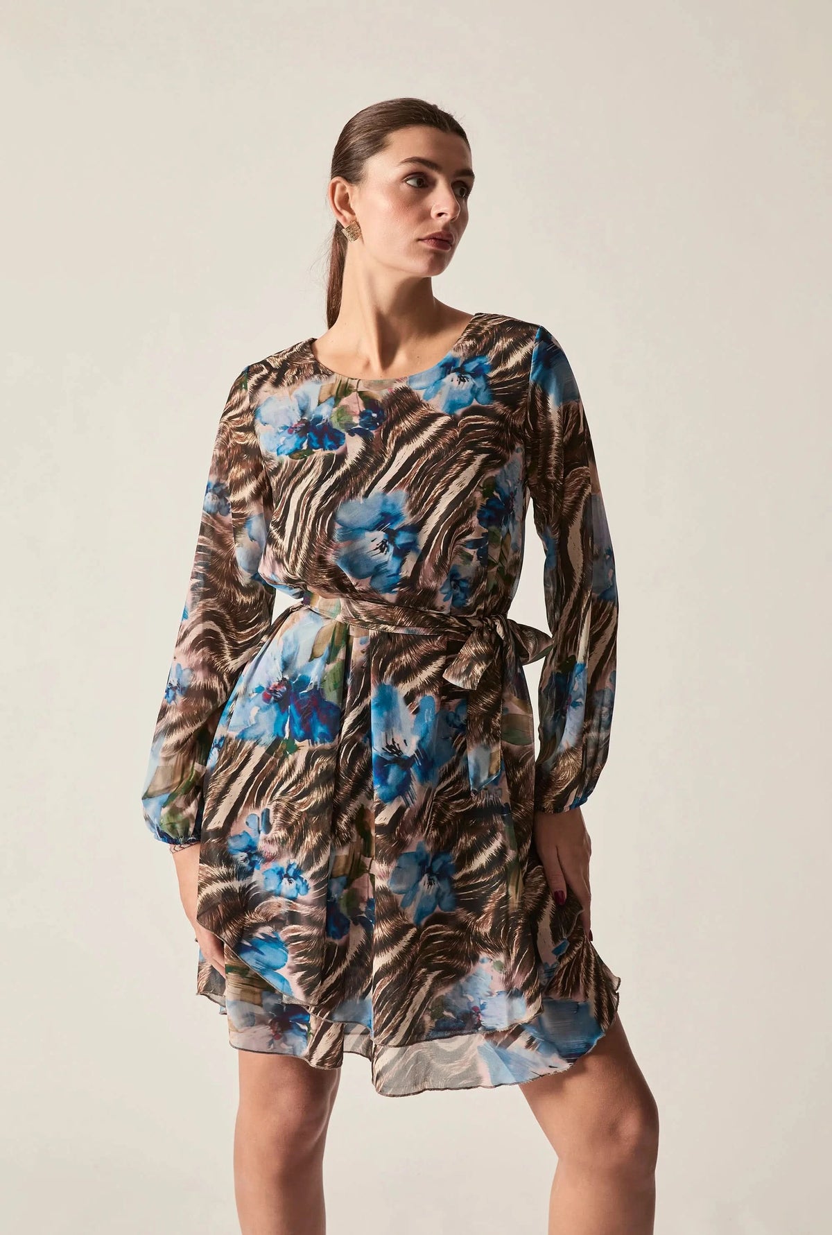 Blue Floral Print Belted Dress