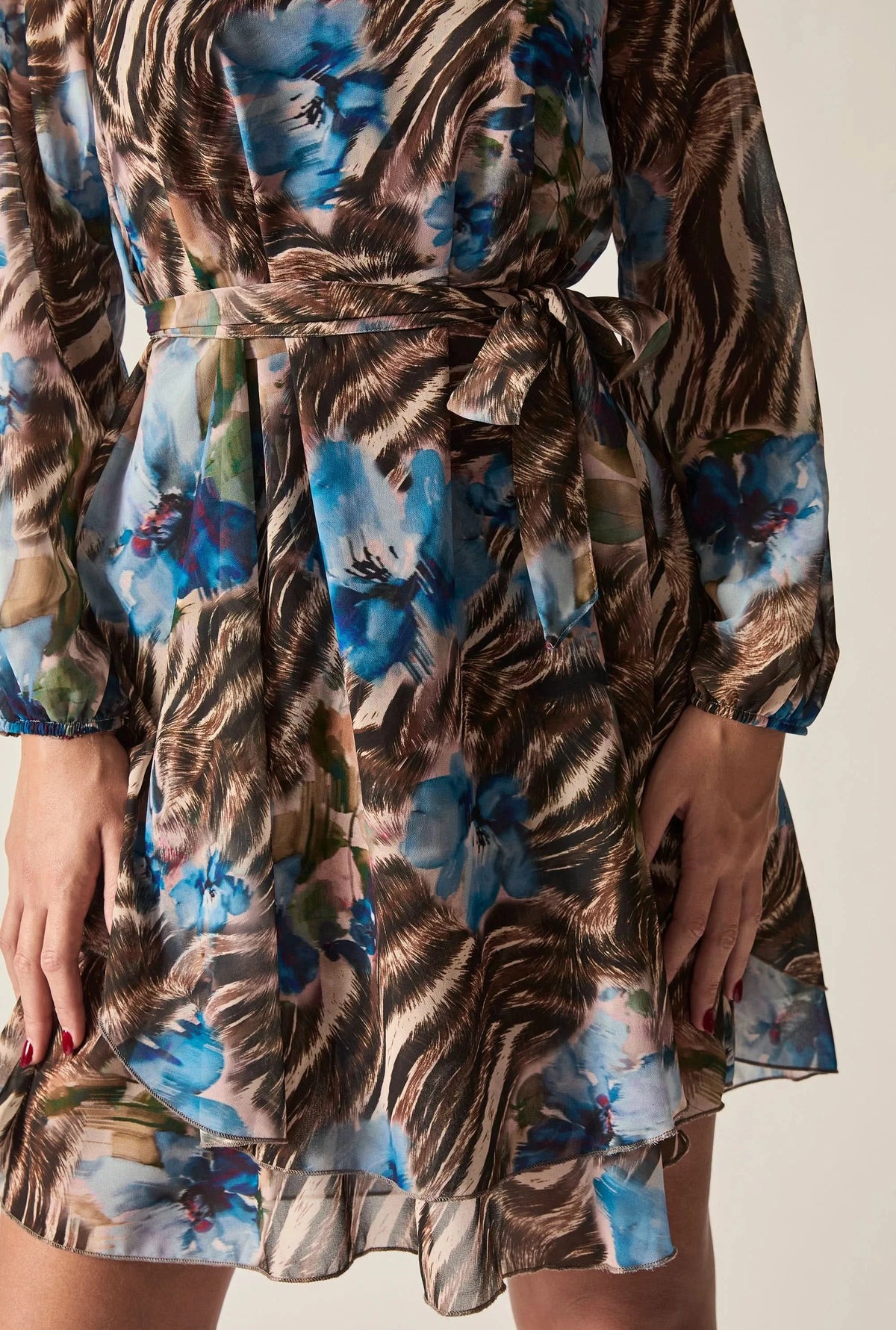Blue Floral Print Belted Dress