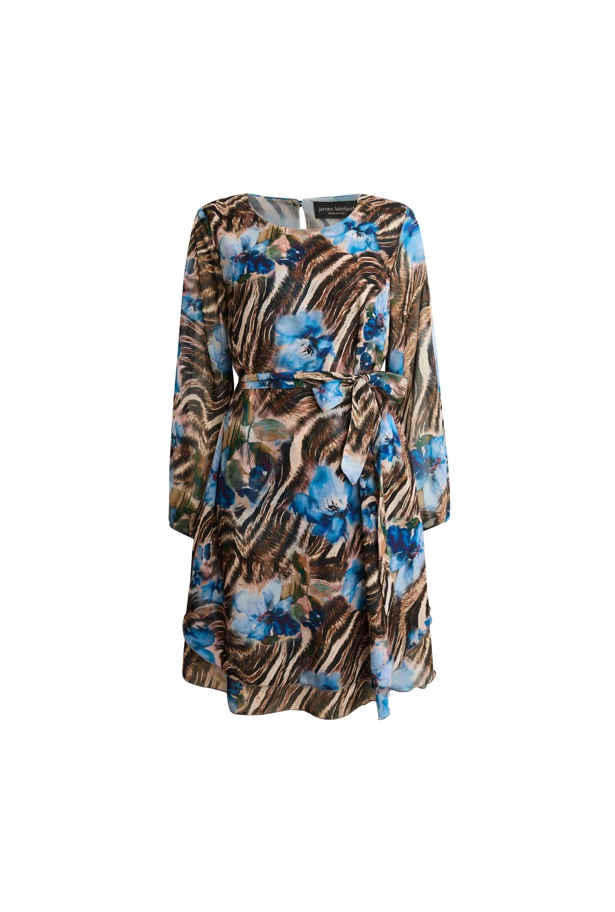 Blue Floral Print Belted Dress