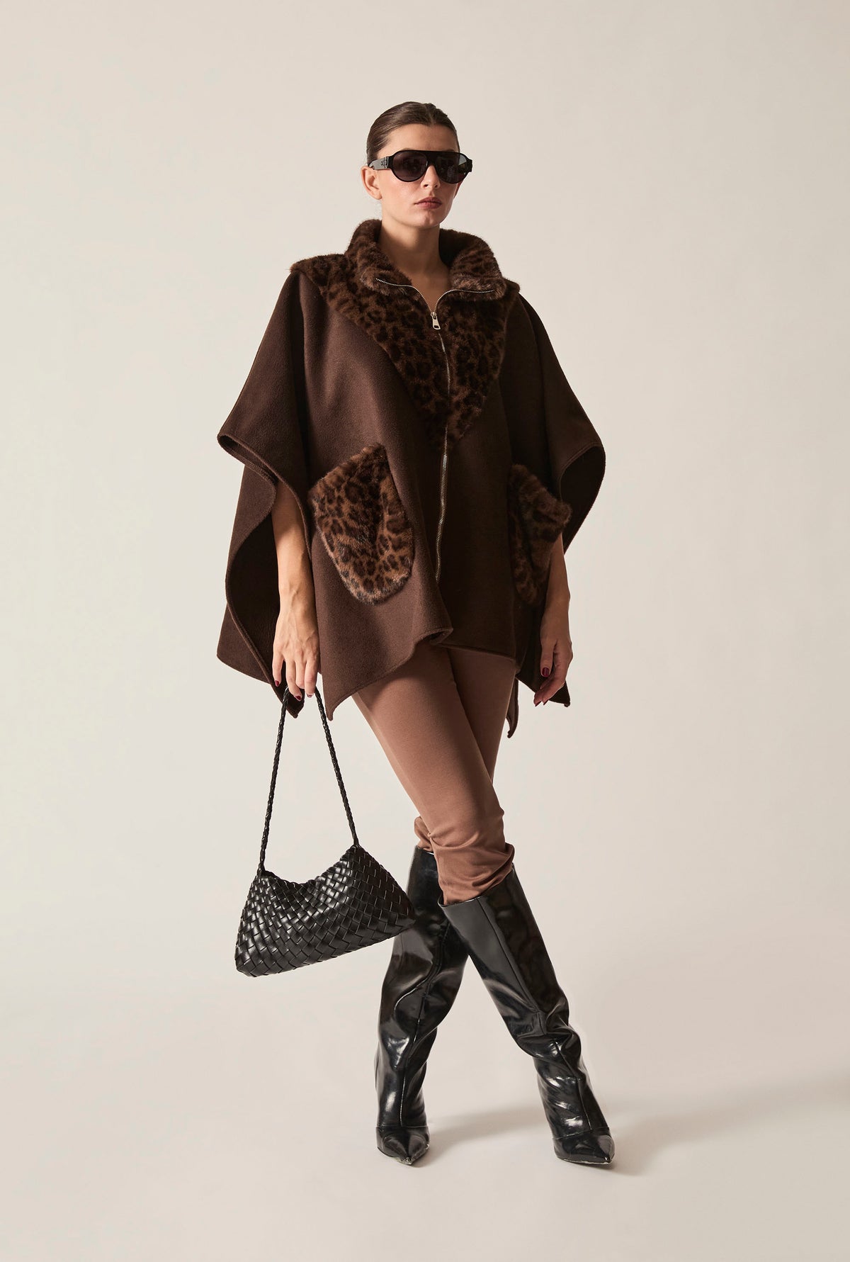Brown Leopard Faux Fur Trim Cape