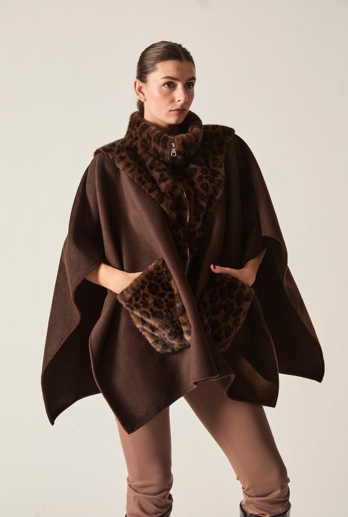Brown Leopard Faux Fur Trim Cape