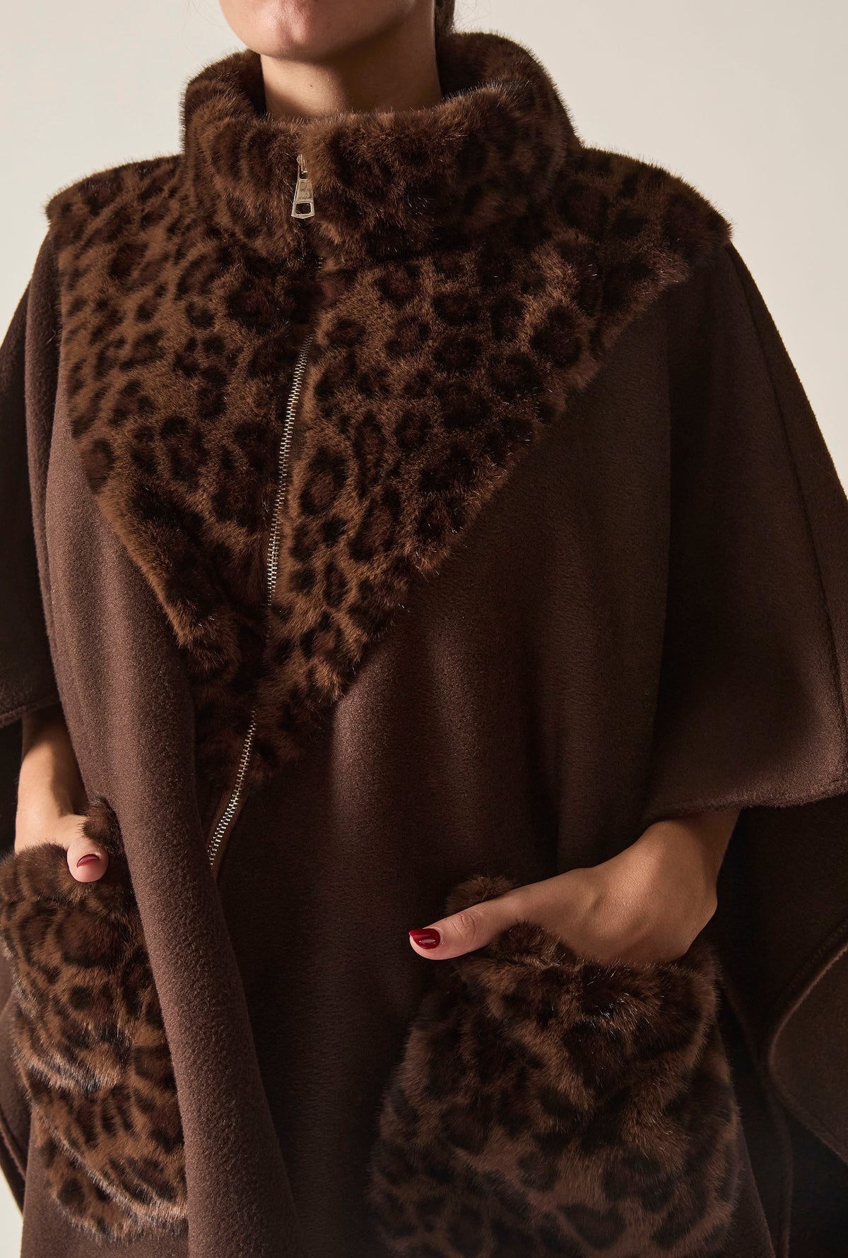 Brown Leopard Faux Fur Trim Cape