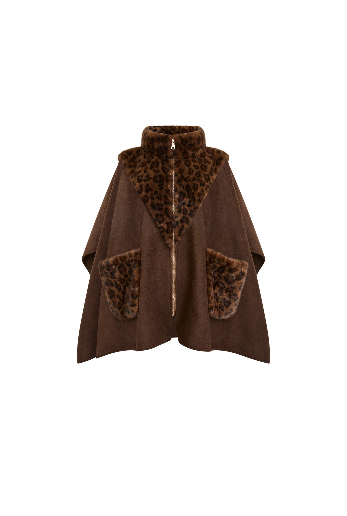 Brown Leopard Faux Fur Trim Cape
