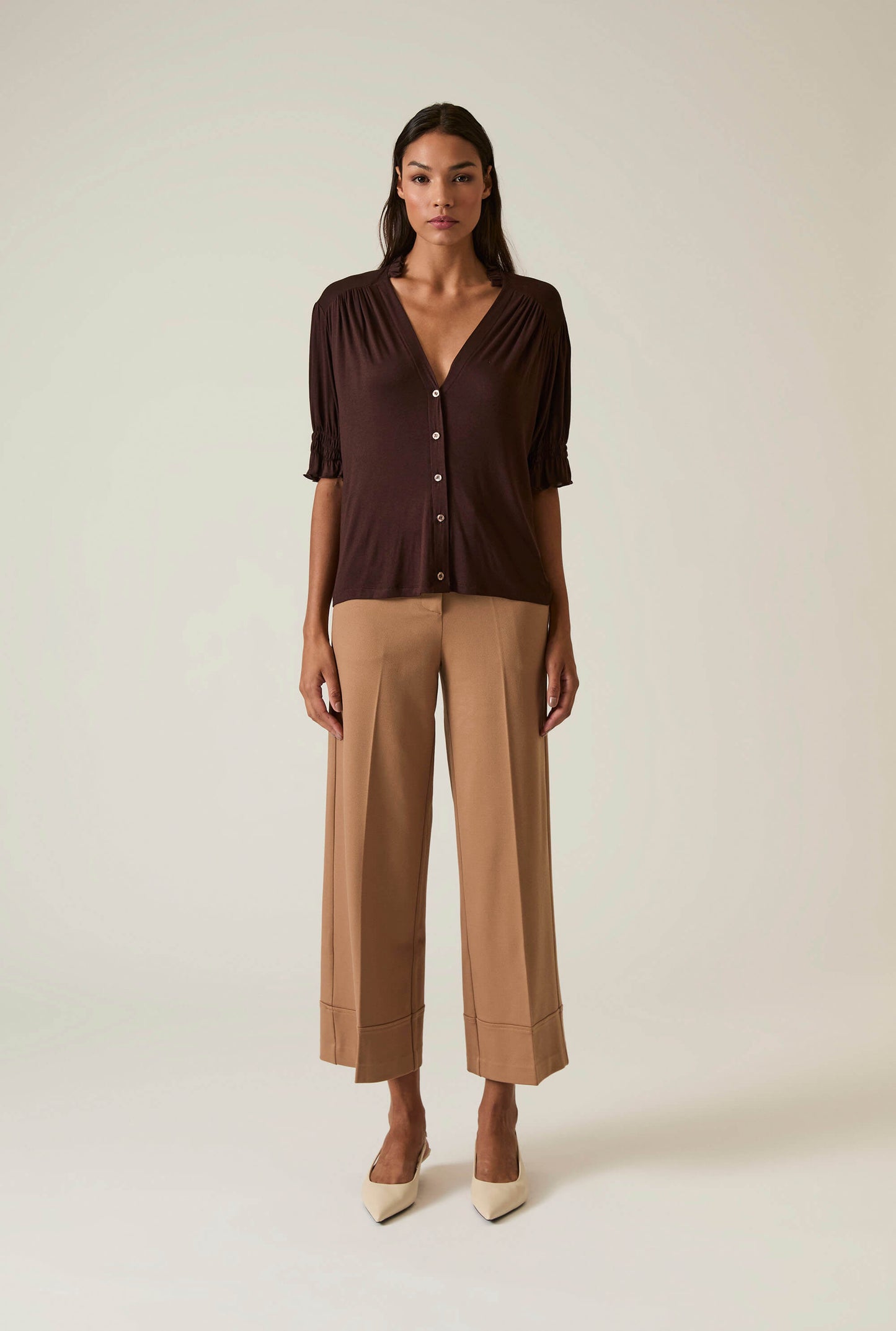 Brown V-neck Jersey Blouse