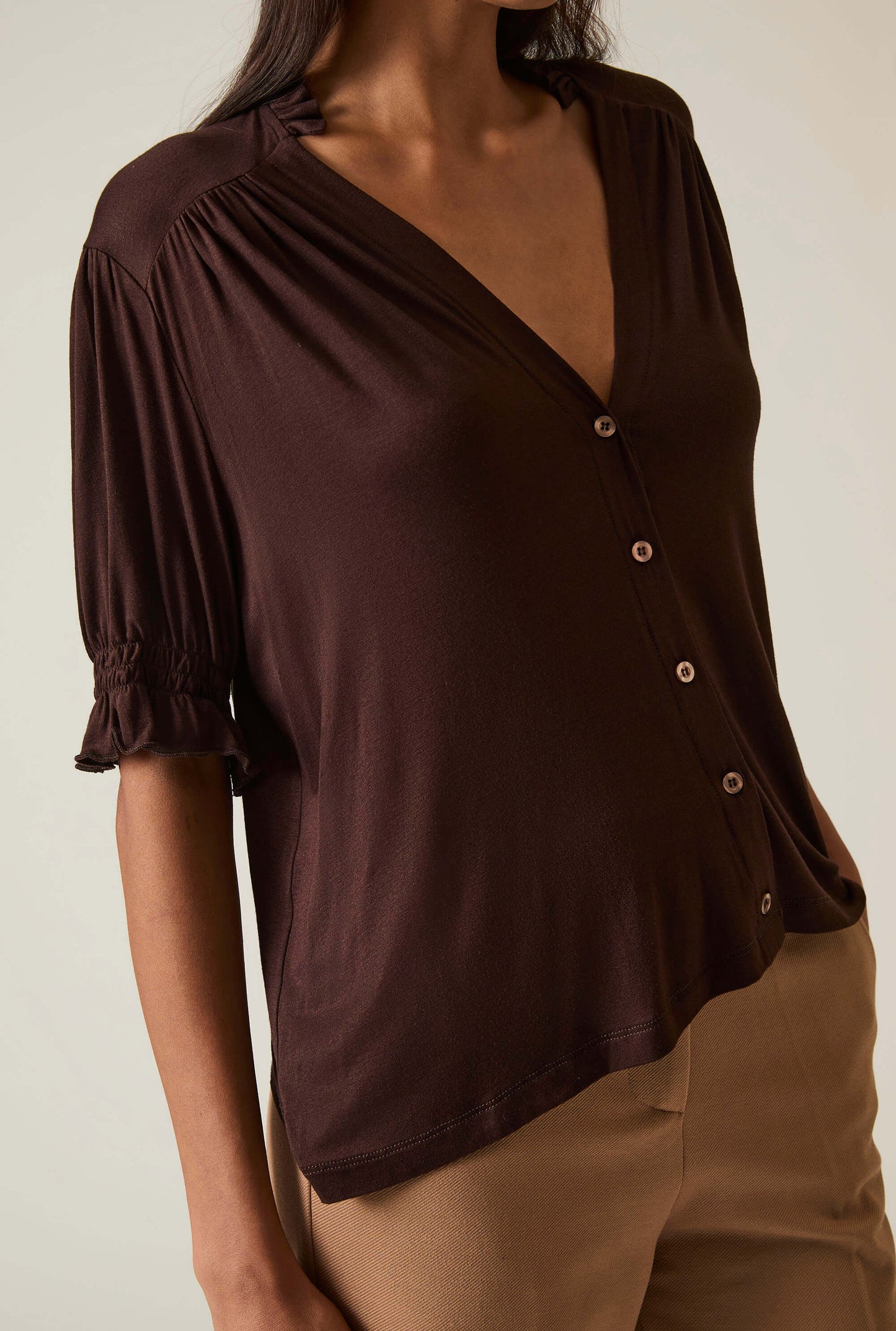 Brown V-neck Jersey Blouse