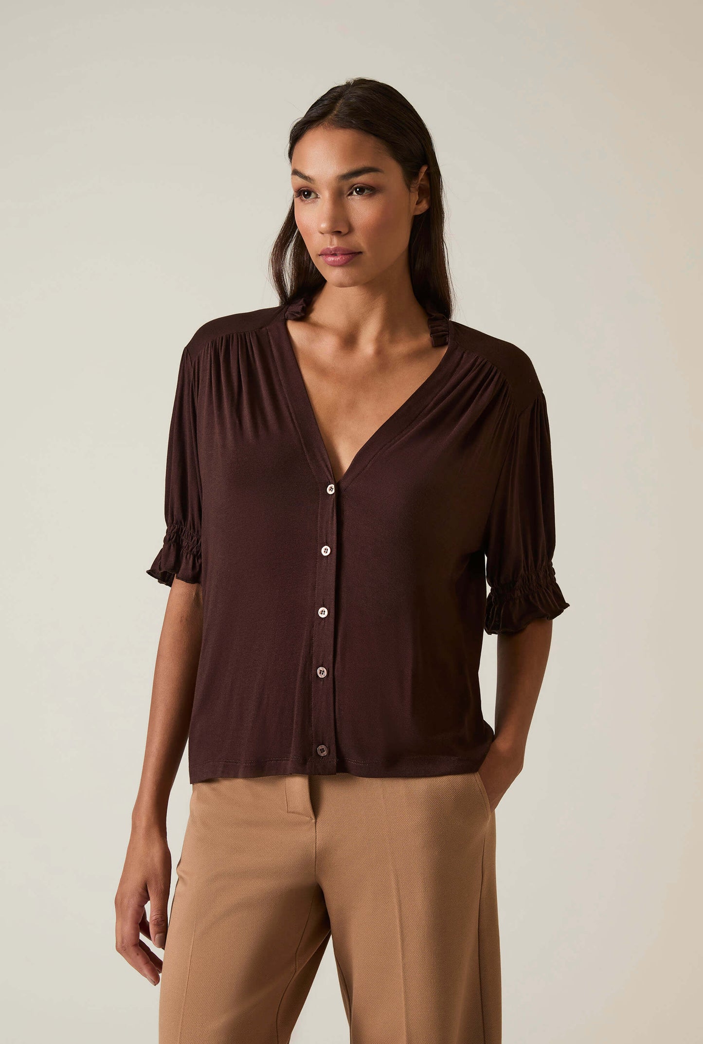 Brown V-neck Jersey Blouse