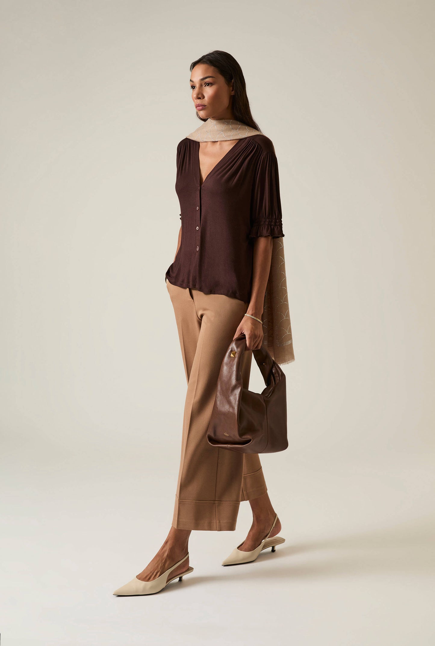 Brown V-neck Jersey Blouse
