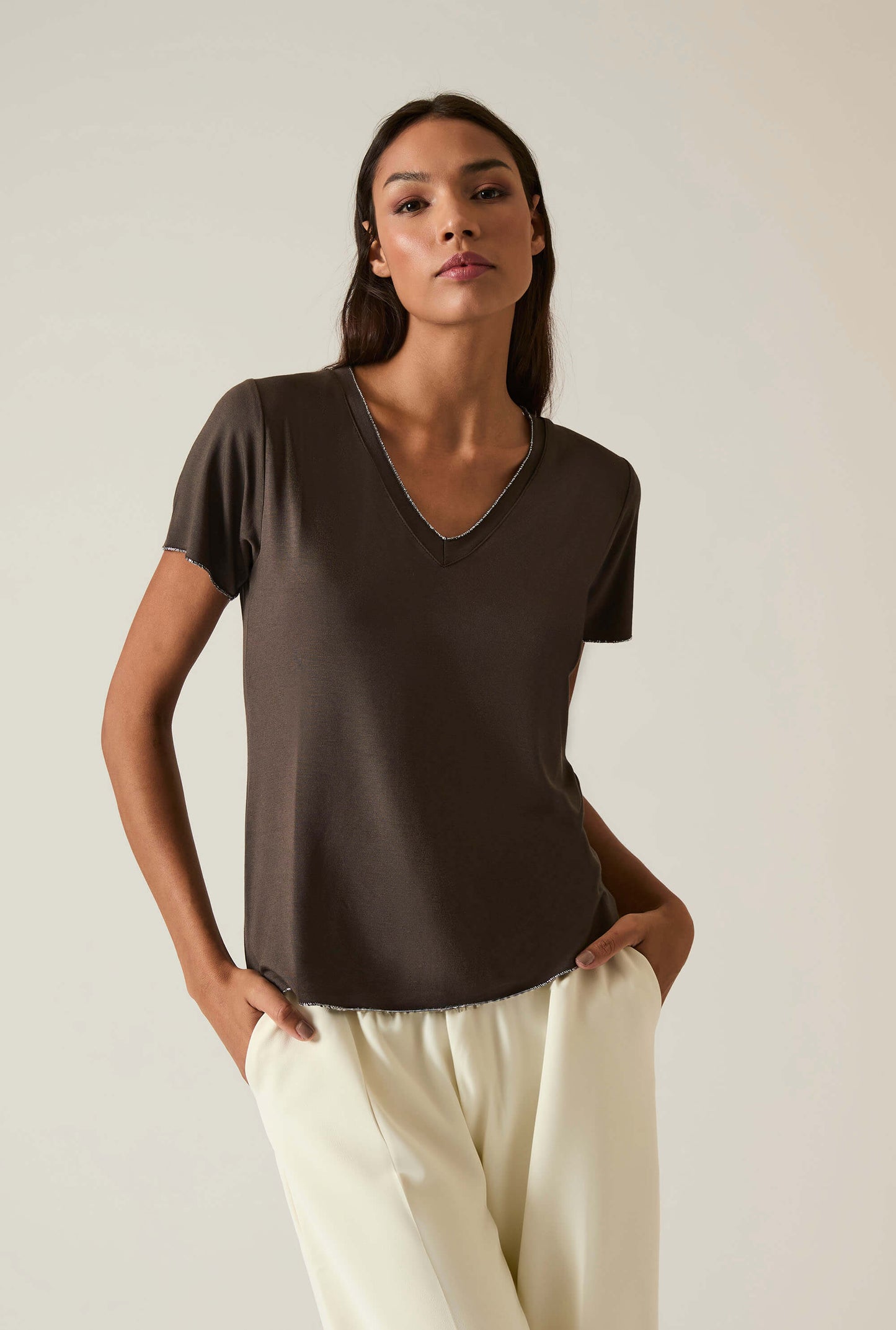 Brown V-neck T-shirt
