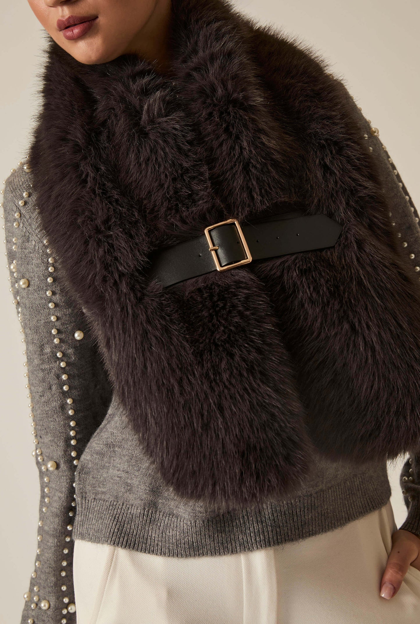 Buckled Charcoal Faux Fur Collar
