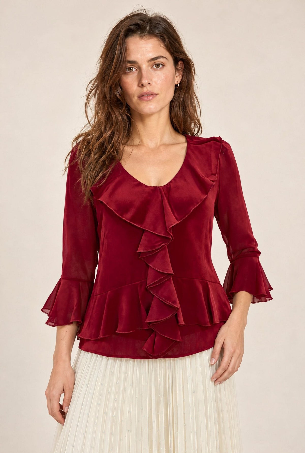 Burgundy Cascade Ruffle Blouse