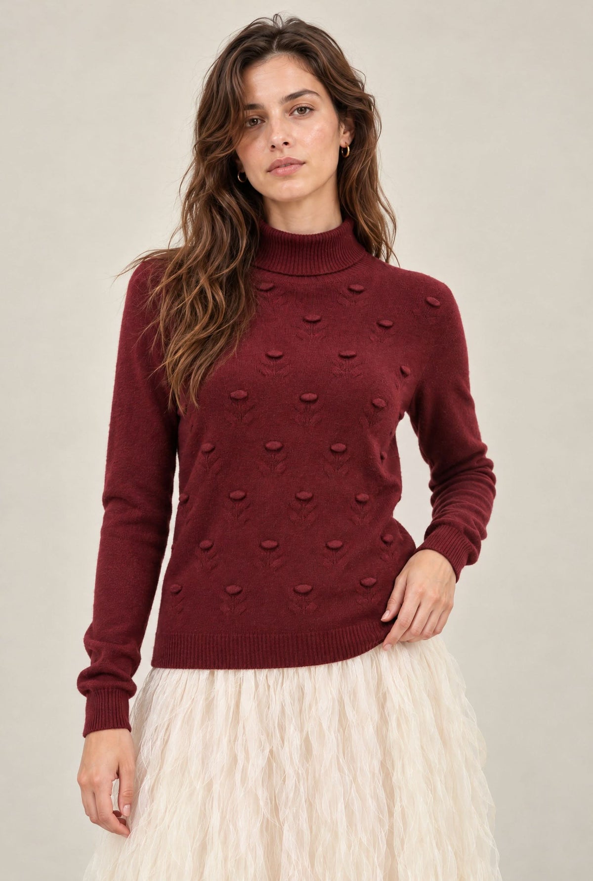 Burgundy Floral Roll Neck Jumper