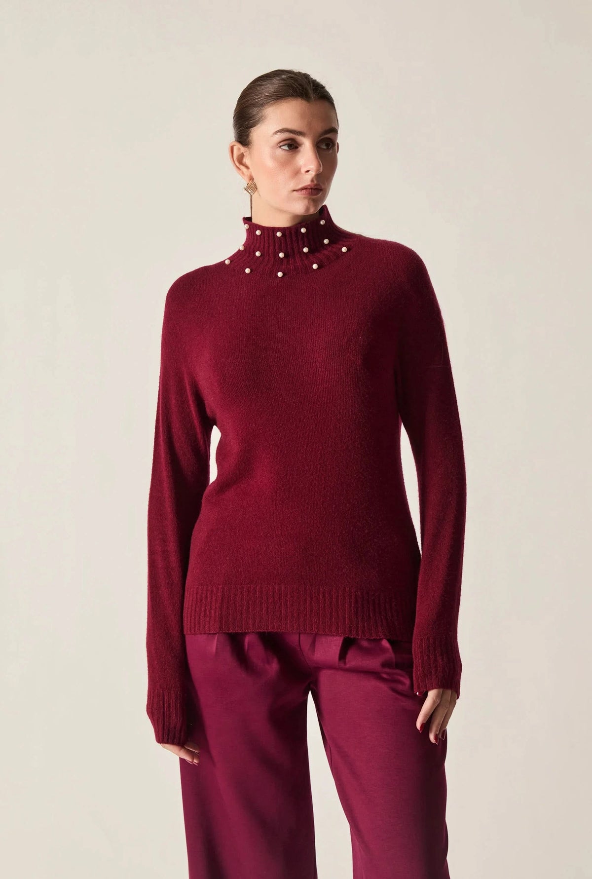 Burgundy Pearl-Embellished High-Neck Jumper