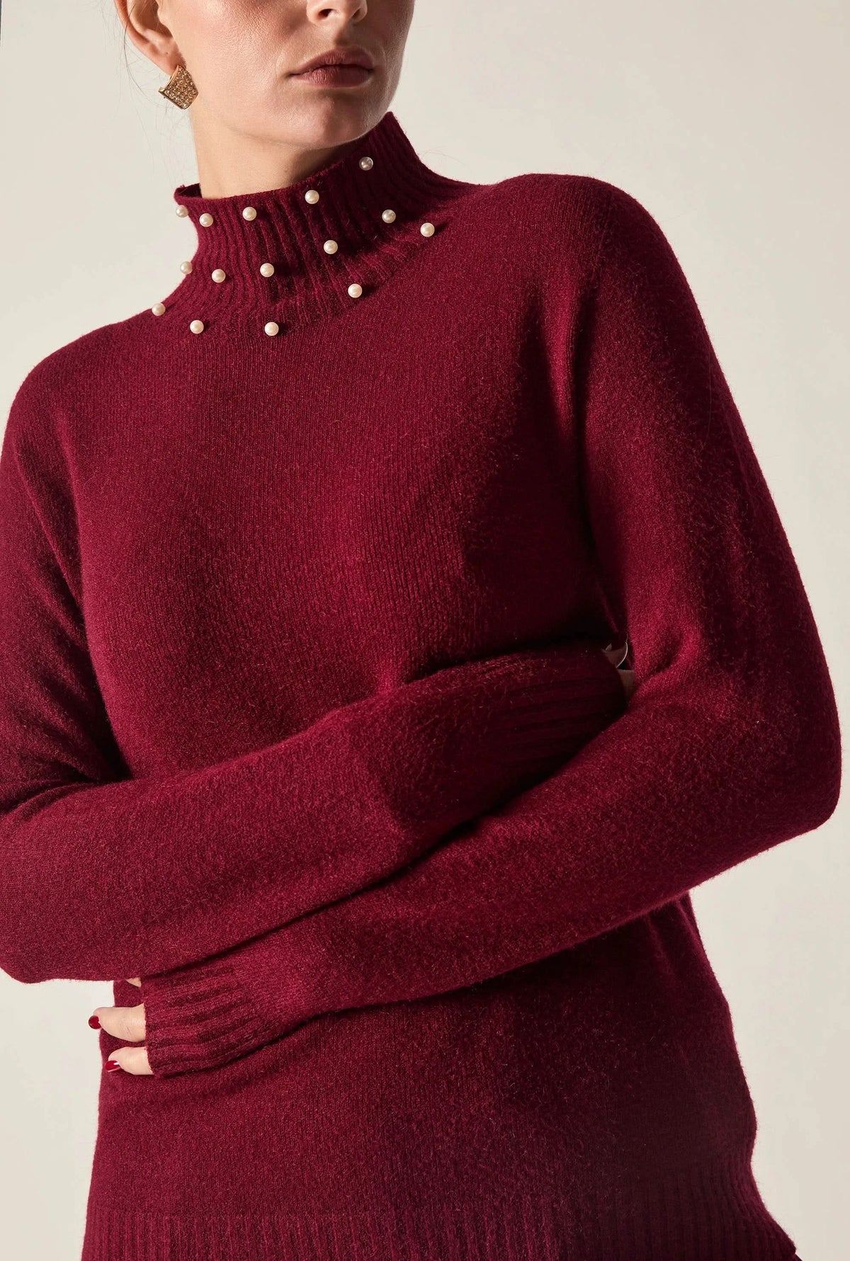 Burgundy Pearl-Embellished High-Neck Jumper